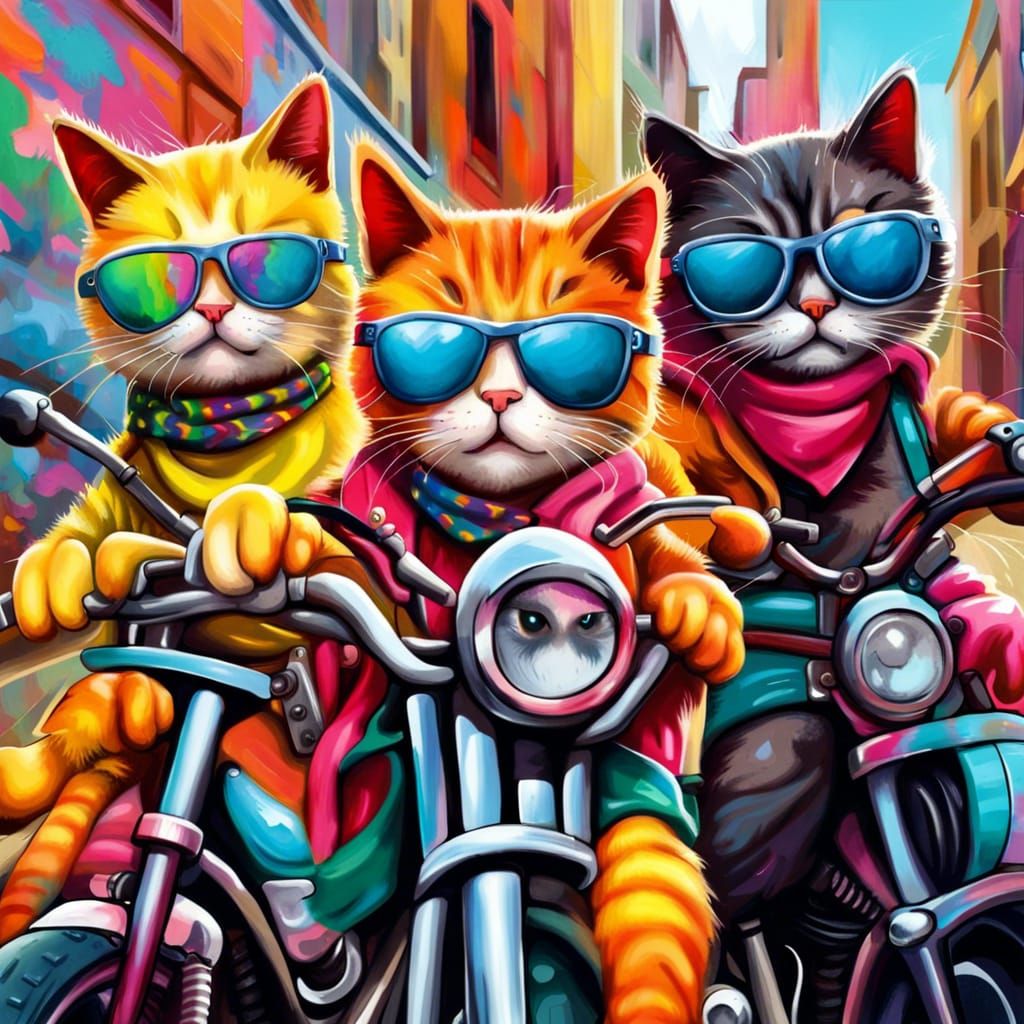 Biker Cats Gang on Motorbikes as Digital Art