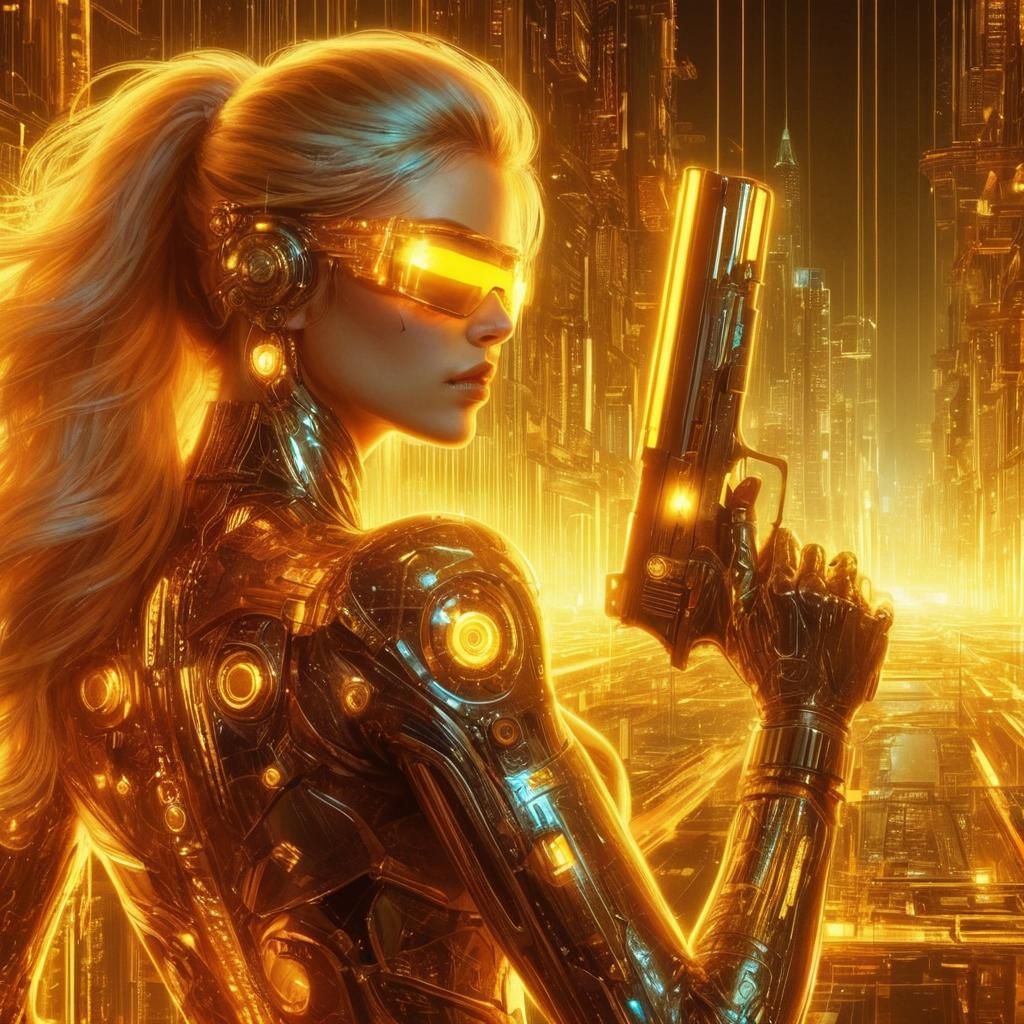 Cyberpunk Detective in Golden Bioluminescent City