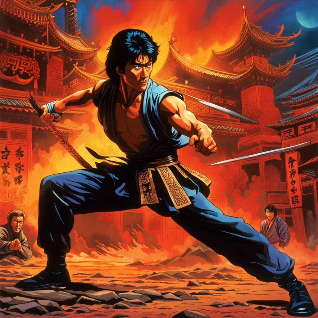 Scene from a martial arts Hong Kong action movie from the eighties