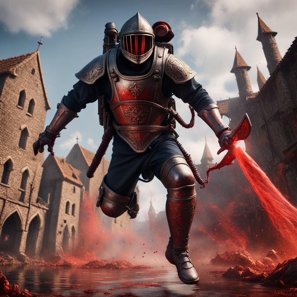 Medieval Warrior with Jet Pack: Detailed Matte Painting