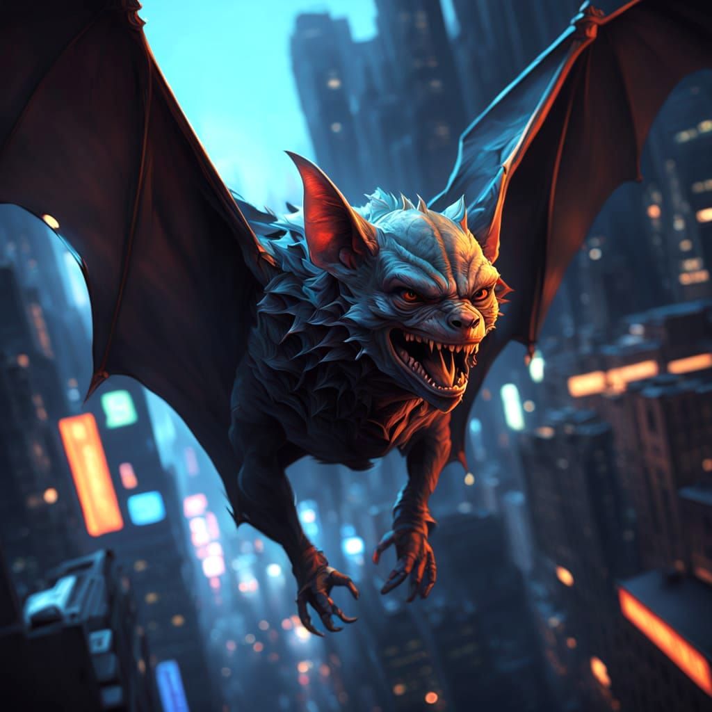 bat flying over the city from a bird's eye view