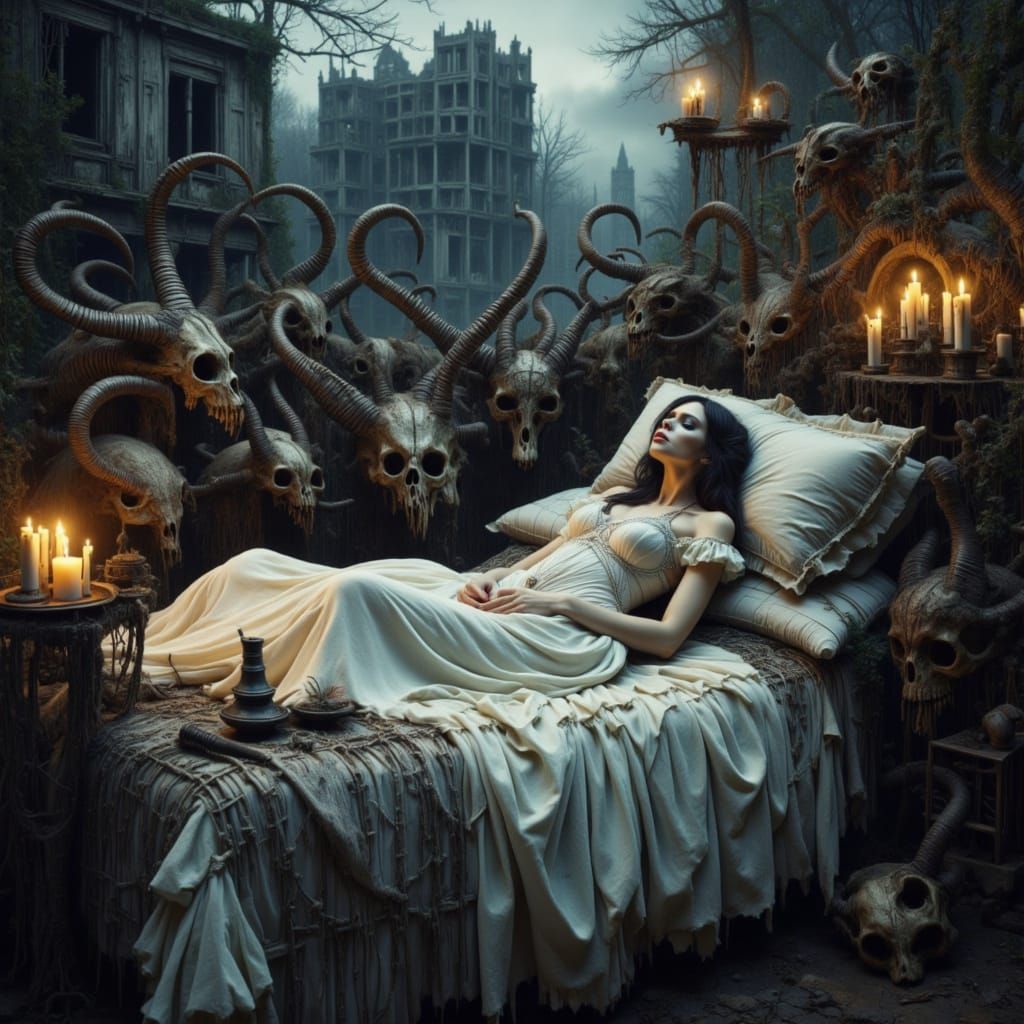 Woman Surrounded by Dark, Horned Demons in a Haunting, Gothi...