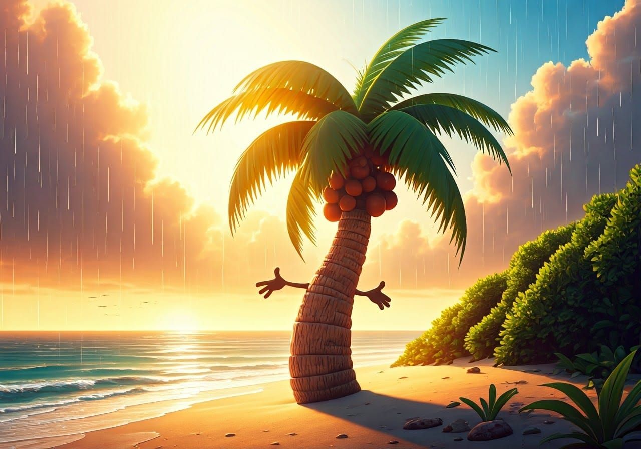 Singing Palm Tree on Tropical Beach, 3D Digital Art
