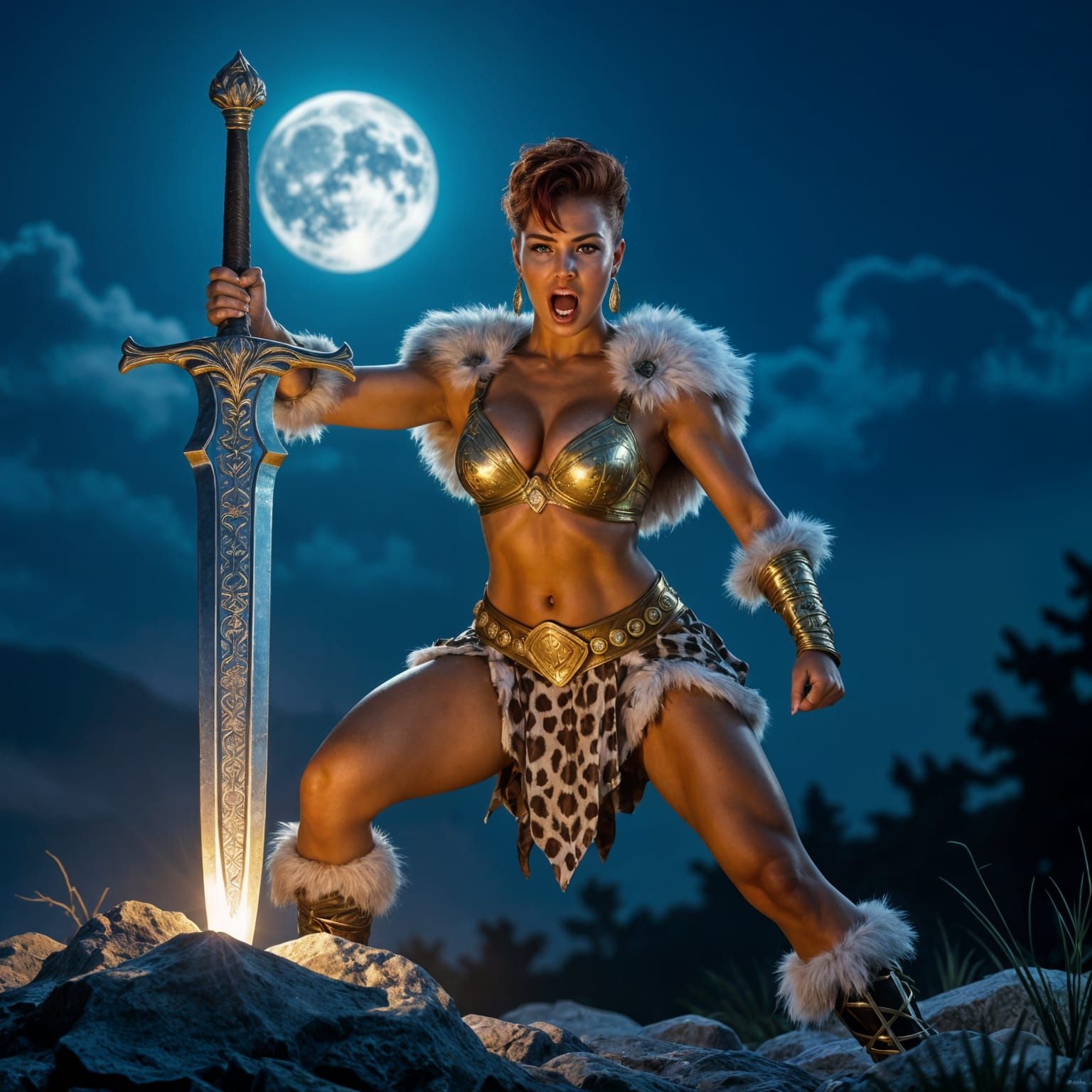 Amazon Warrior Pulling Sword from Rock Under Moonlight