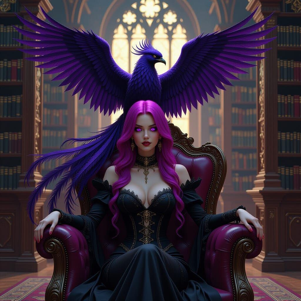 Gothic Phoenix With Woman in Library