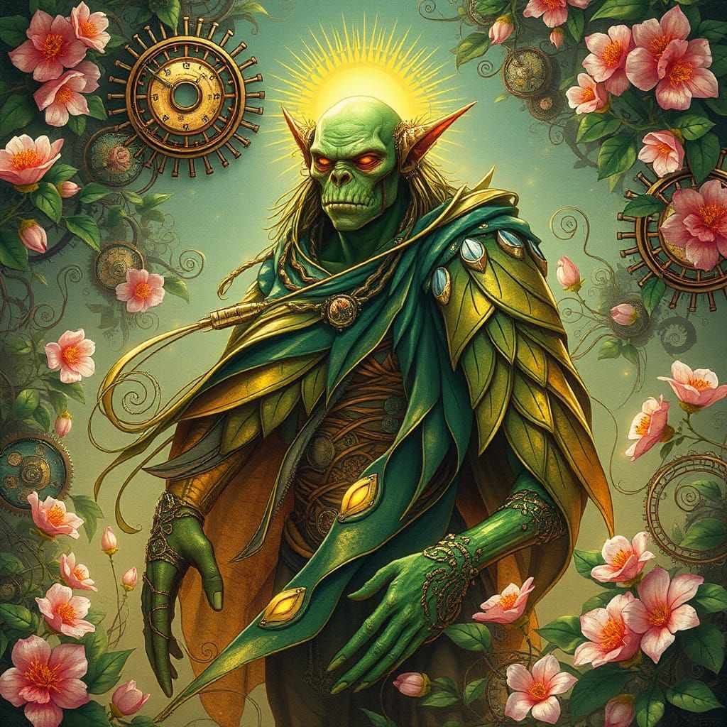 Majestic Solarpunk Orc Amidst Interconnected Gears and Flora