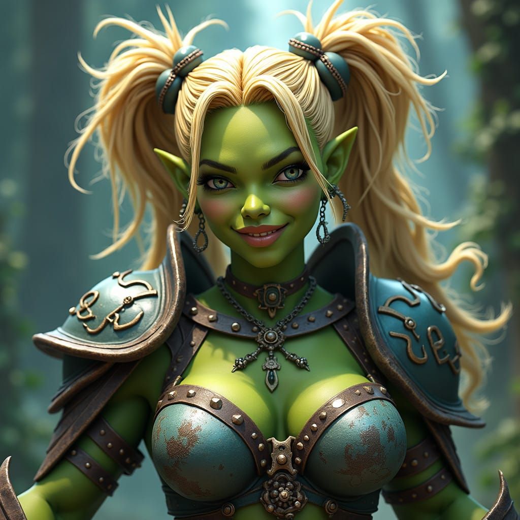 Fierce Fantasy Maiden with Emerald Skin and Blazing Smile