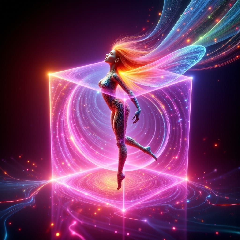 Surreal Cyberpunk Goddess Battles in Neon Cube of Radiant Li...