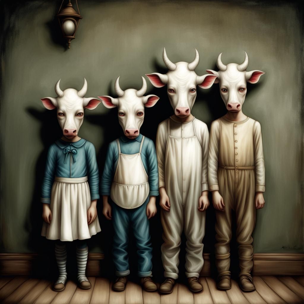 Surreal Horror Scene with Children and Butcher