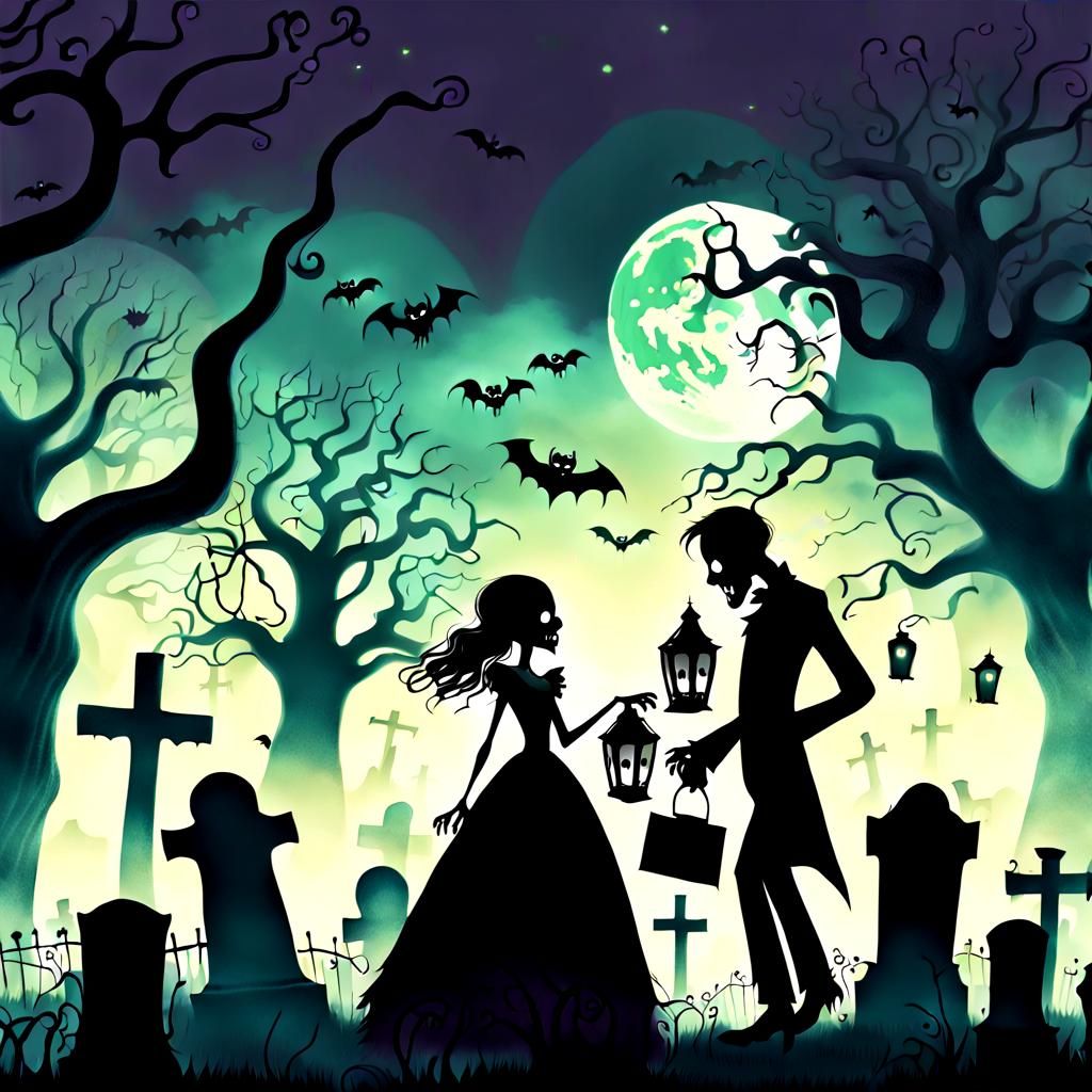 Zombie Couple Dance in Graveyard, Gothic Digital Art