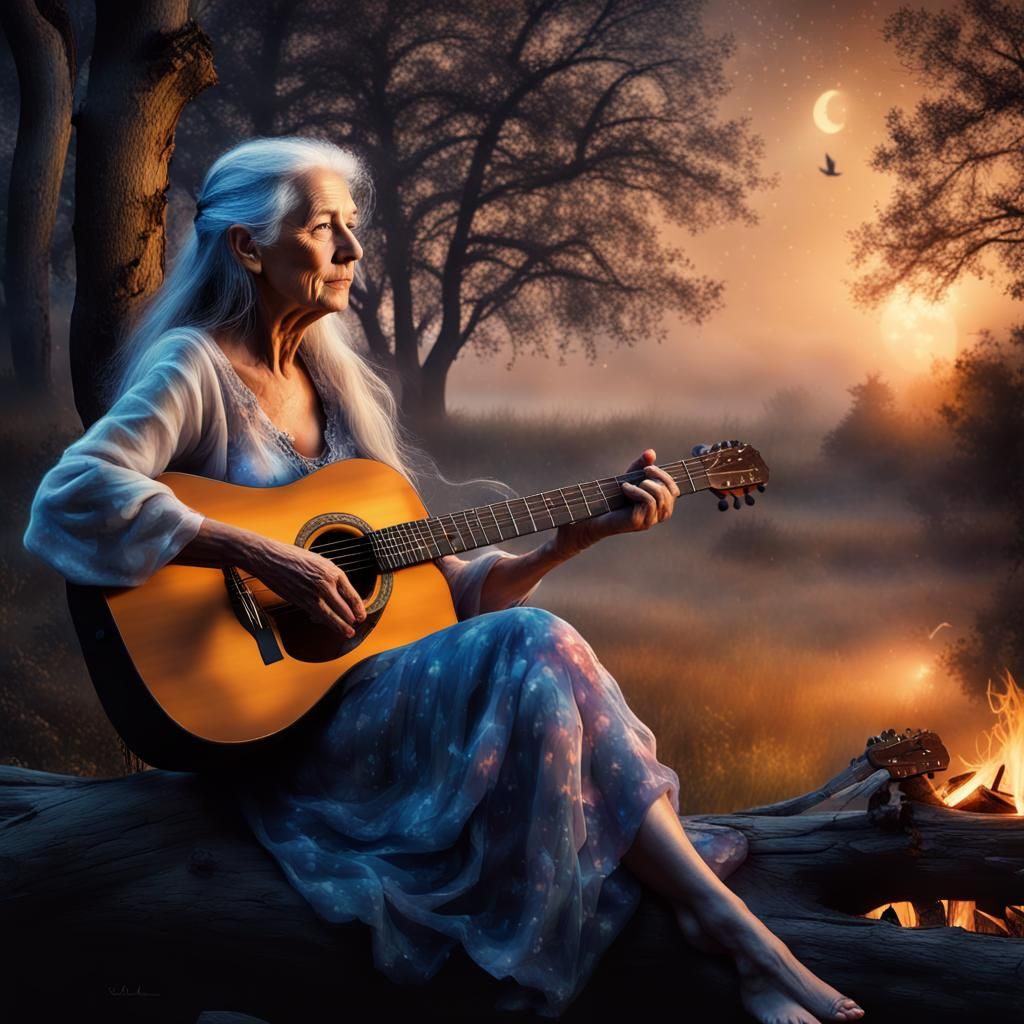 Double Exposure: Woman Plays Guitar at Midnight