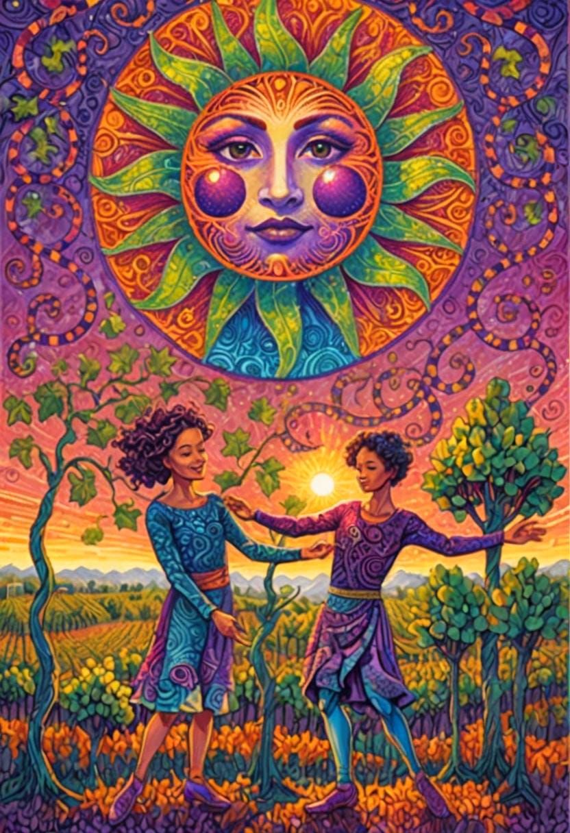 Dancing Figures Under Sun in Abstract Fractal Art