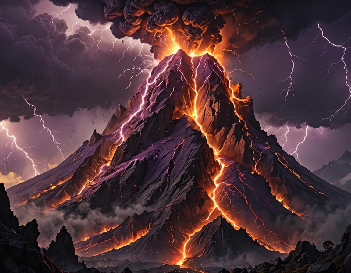 Erupting volcano with lightning in background.
