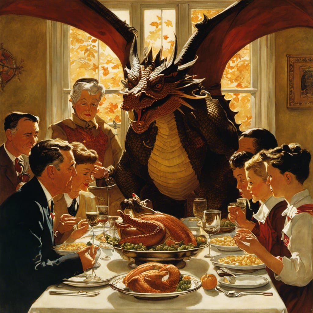 Dragon at Thanksgiving Dinner in Rockwell Style