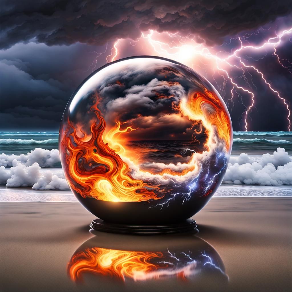 Fiery Storm Inside Glass Sphere on Beach