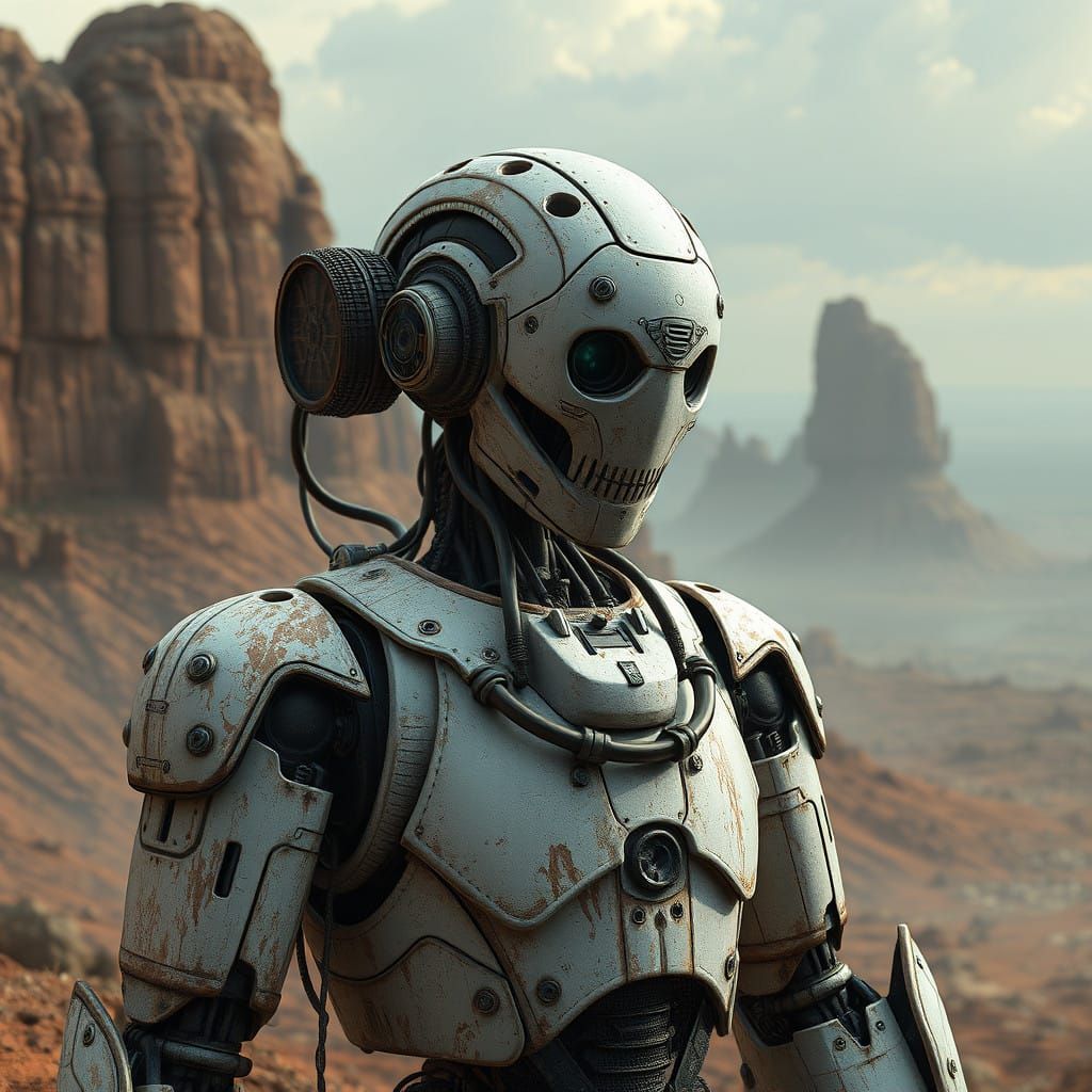 Weathered Humanoid Robot in Earthy Fantasy Landscape