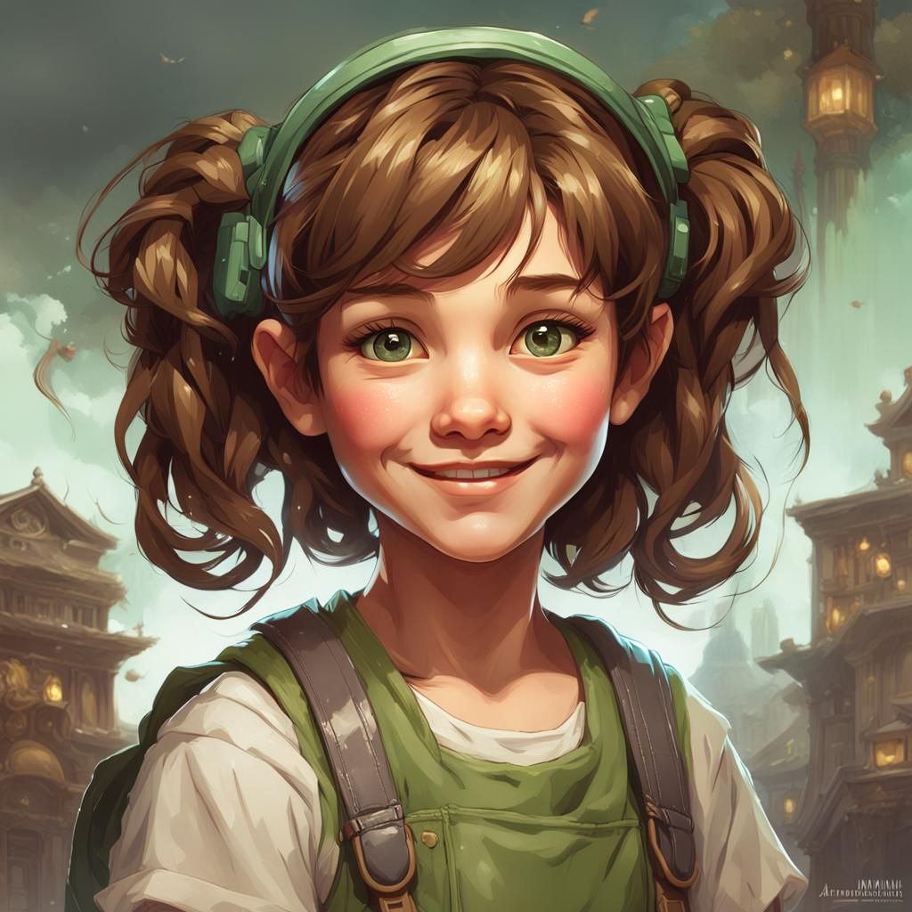 Adorable Pigtails Portrait in Art Nouveau Style