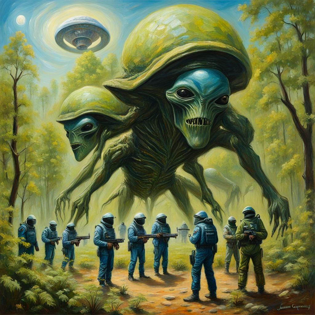 Aliens and Human Rights in Nature, Oil Painting