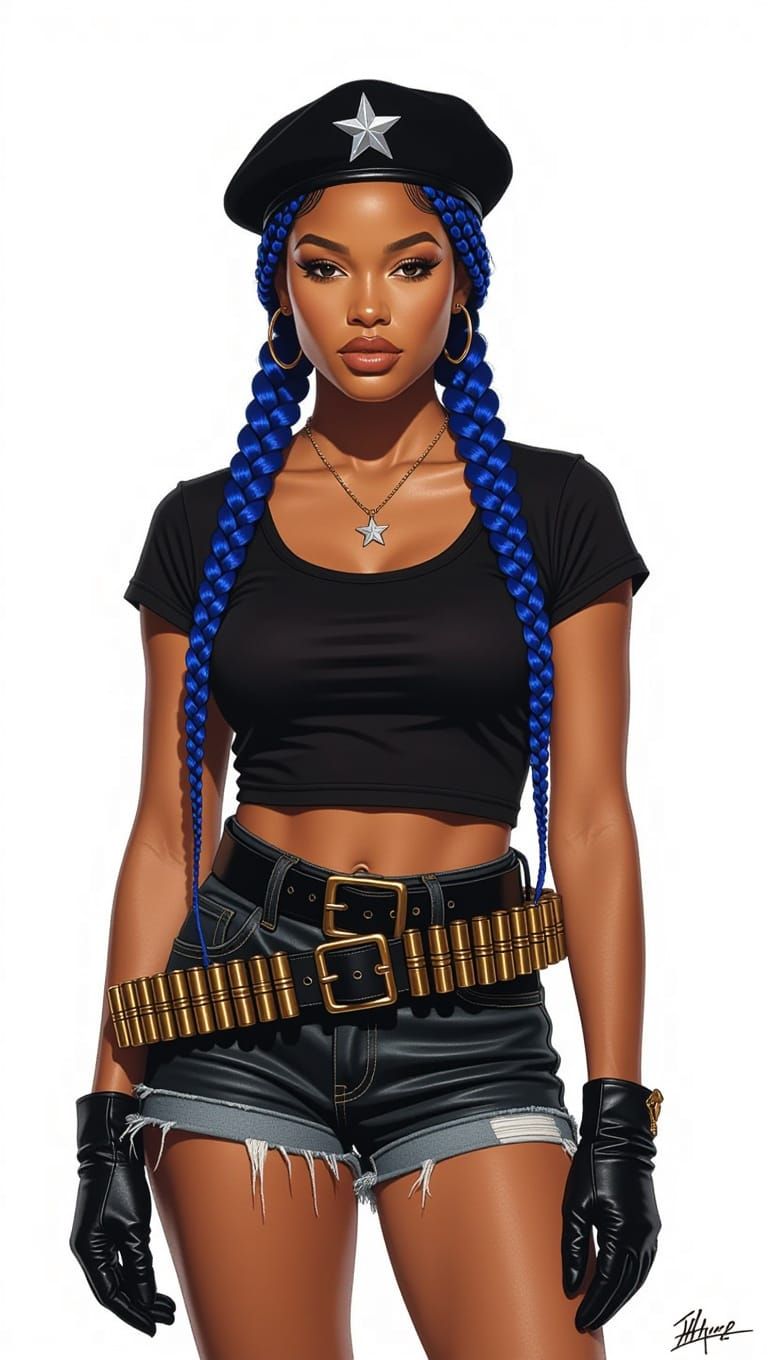 A Black Woman in Latin American Gang Uniform with Blue-Black...