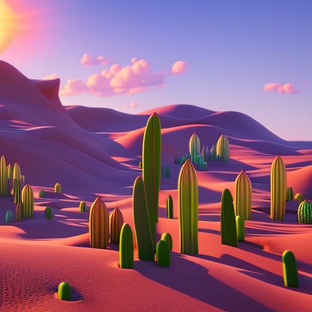 Cactus Sundown: 3D Render in Art Nouveau Style