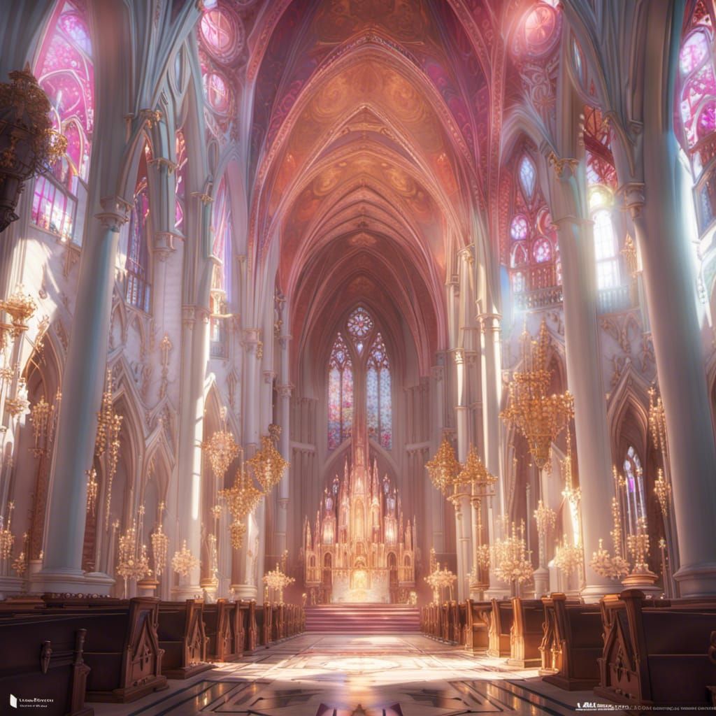 Gothic Church Concept Art in Pink and Gold
