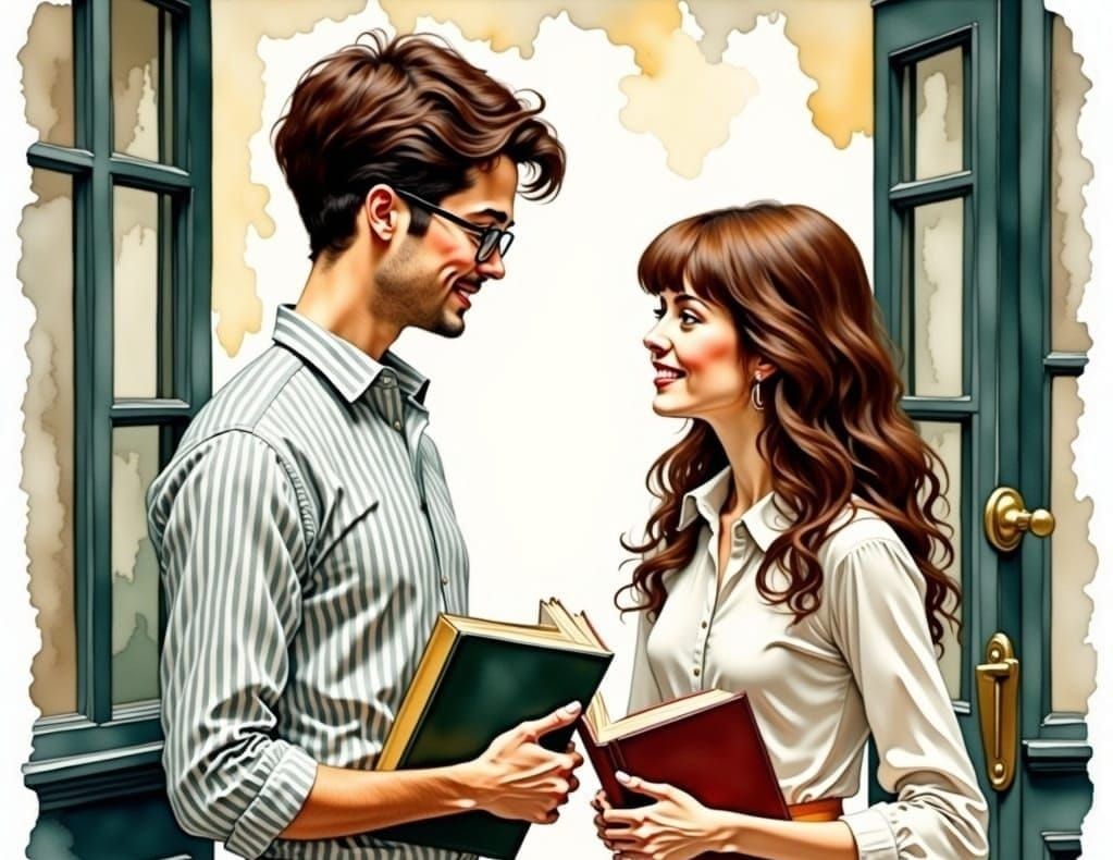 Romantic Watercolor of Young Teachers in Love