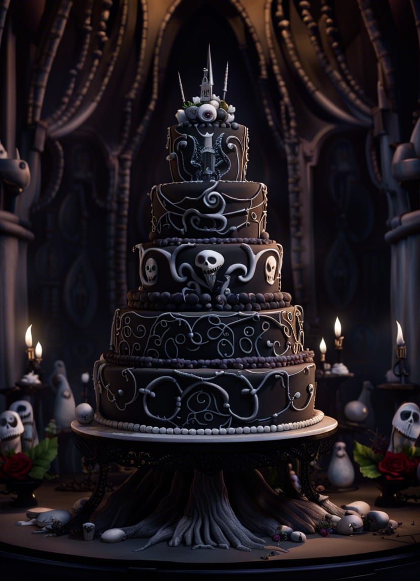 Wedding Layered Cake for Dark Fantasy Wedding (with marzipan skulls, skeletons and decorations)