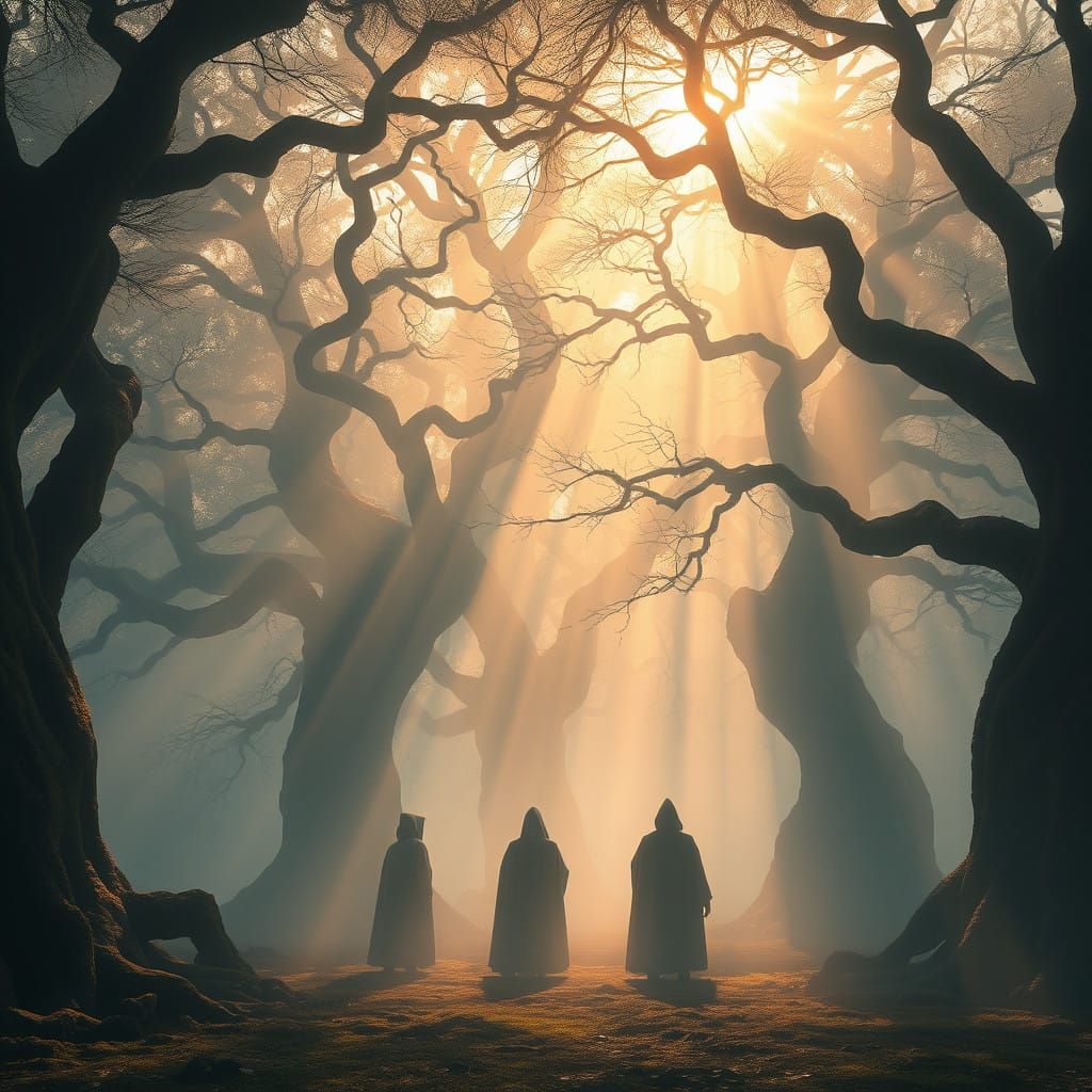 Mystical Figures in an Ethereal Forest