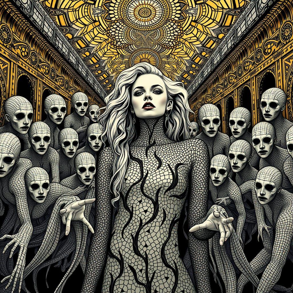 Possessed Kate Moss in Ornate Geometric Klimt Style