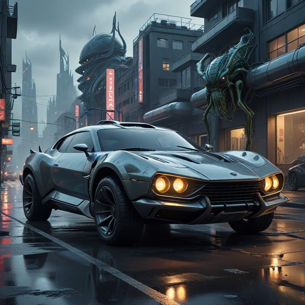 Cyberpunk-Inspired Alien SUV in Parametric Cityscape