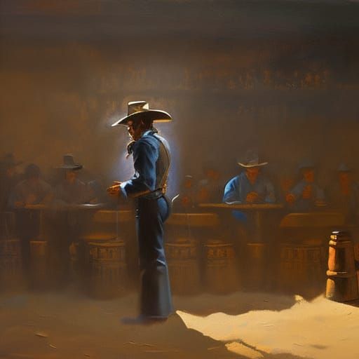 Mysterious Cowboy in Shadows, Oil Painting