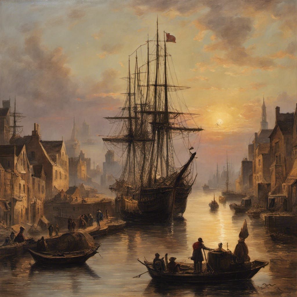 Carrack Docks in Bustling Harbor: Romanticism Painting