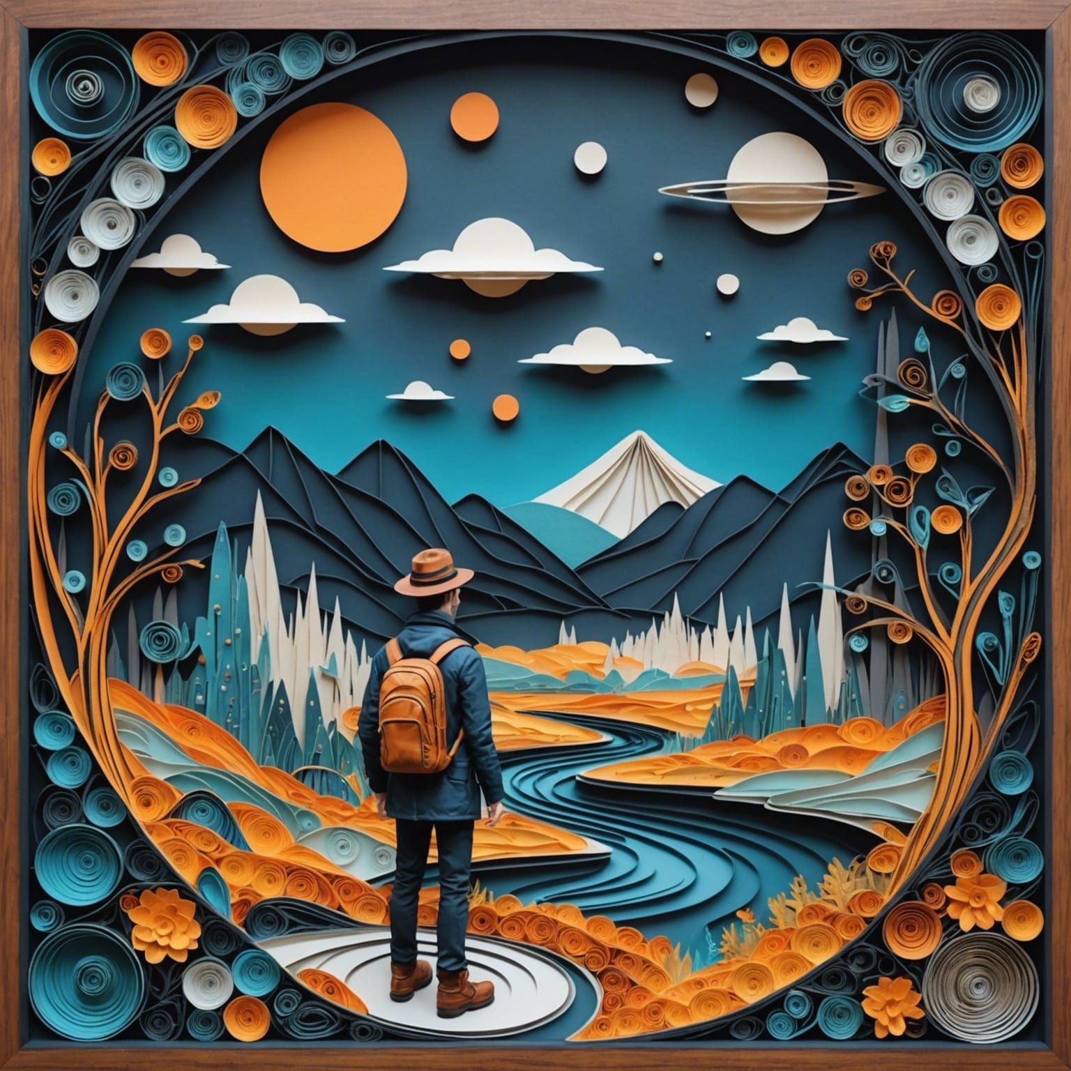 Futuristic Traveler in Mixed Media Landscape