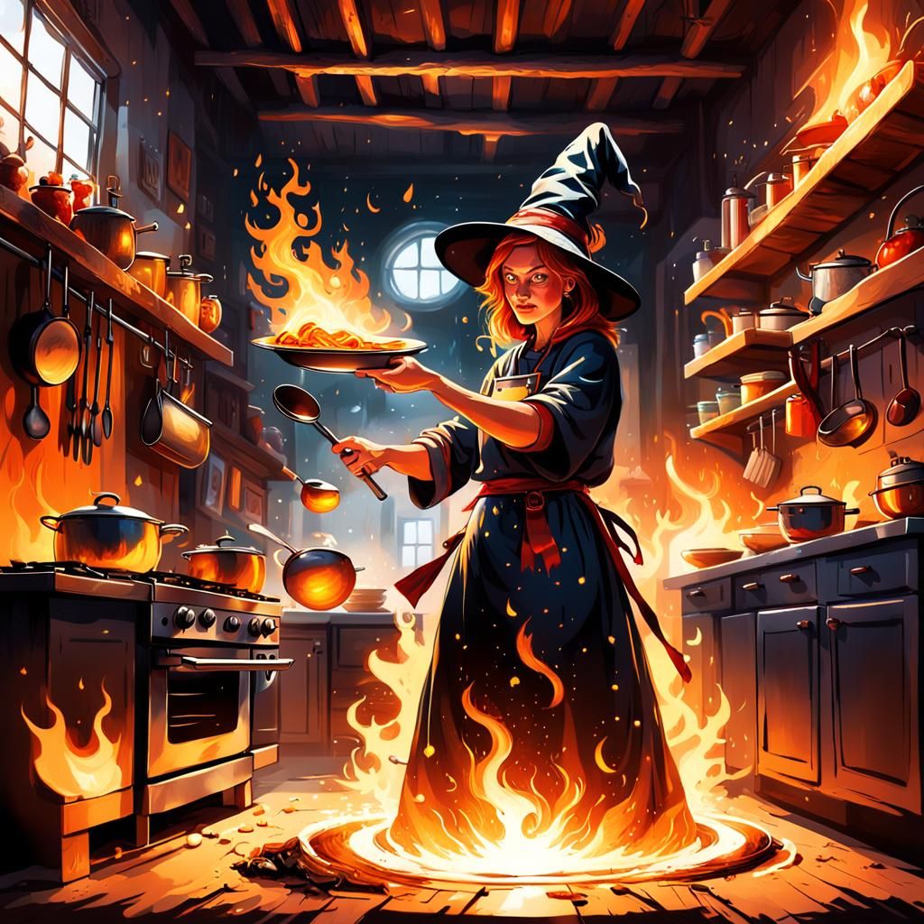 Fiery Witch Cooks in Modern Kitchen
