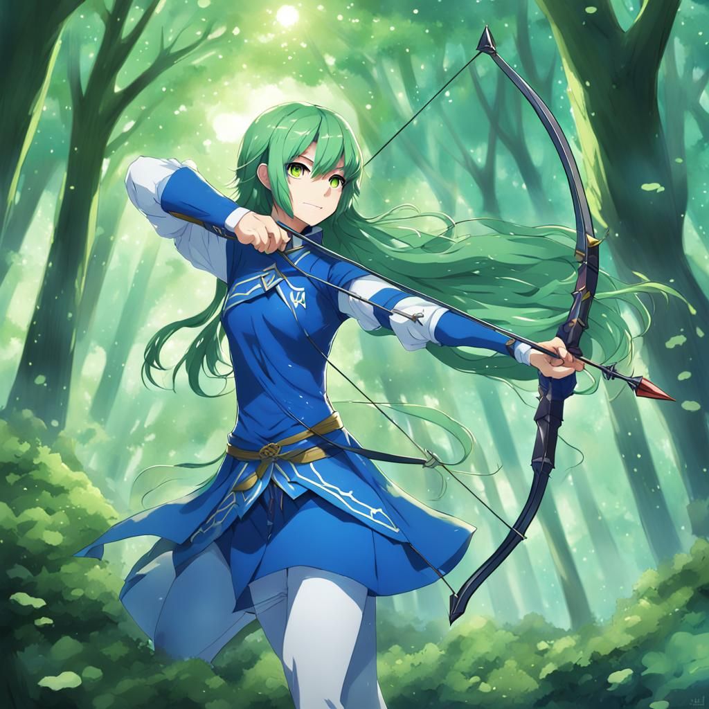 Green Slime Archer in Anime Style Forest