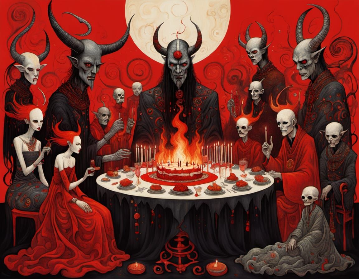 Surreal Satan's Birthday Party in Folk Art Style