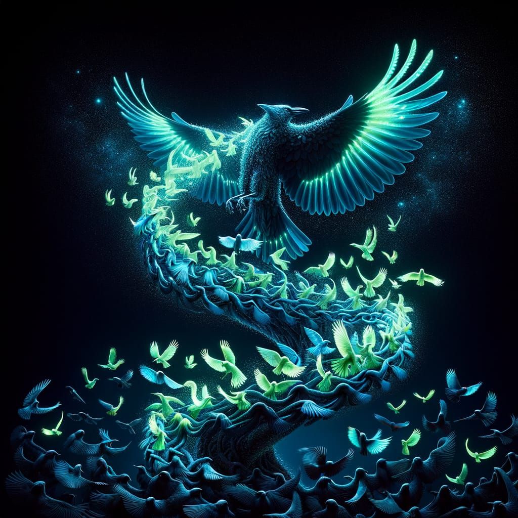 Luminescent Ravens and Eagles Form Double Helix Totem