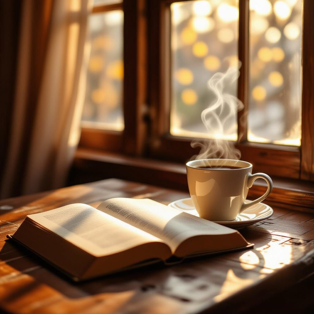 Cozy Morning Scene: Book, Coffee, and Sunlight