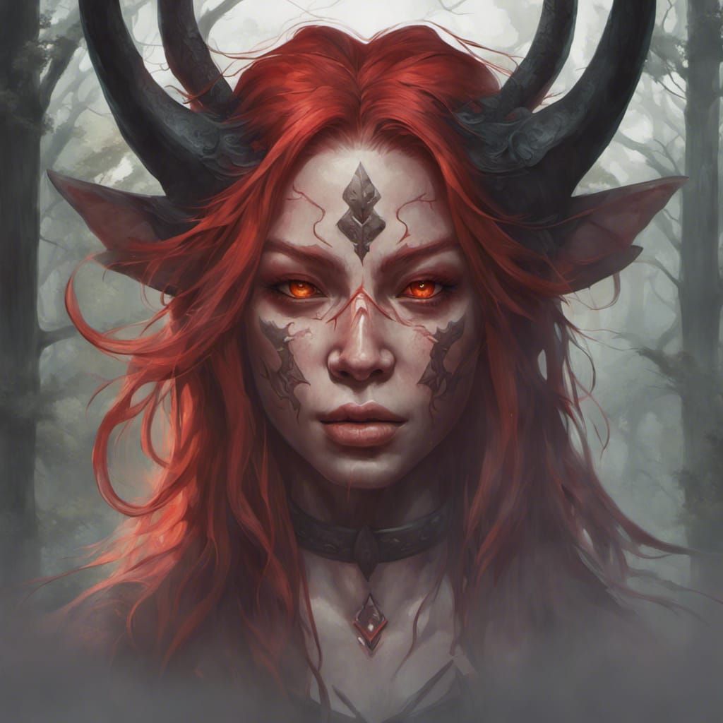 Red-Haired Oni in Misty Forest, Hyperdetailed Portrait