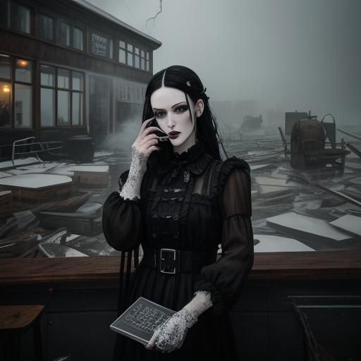 Goth Model in Coffee Shop: Black and White Photography