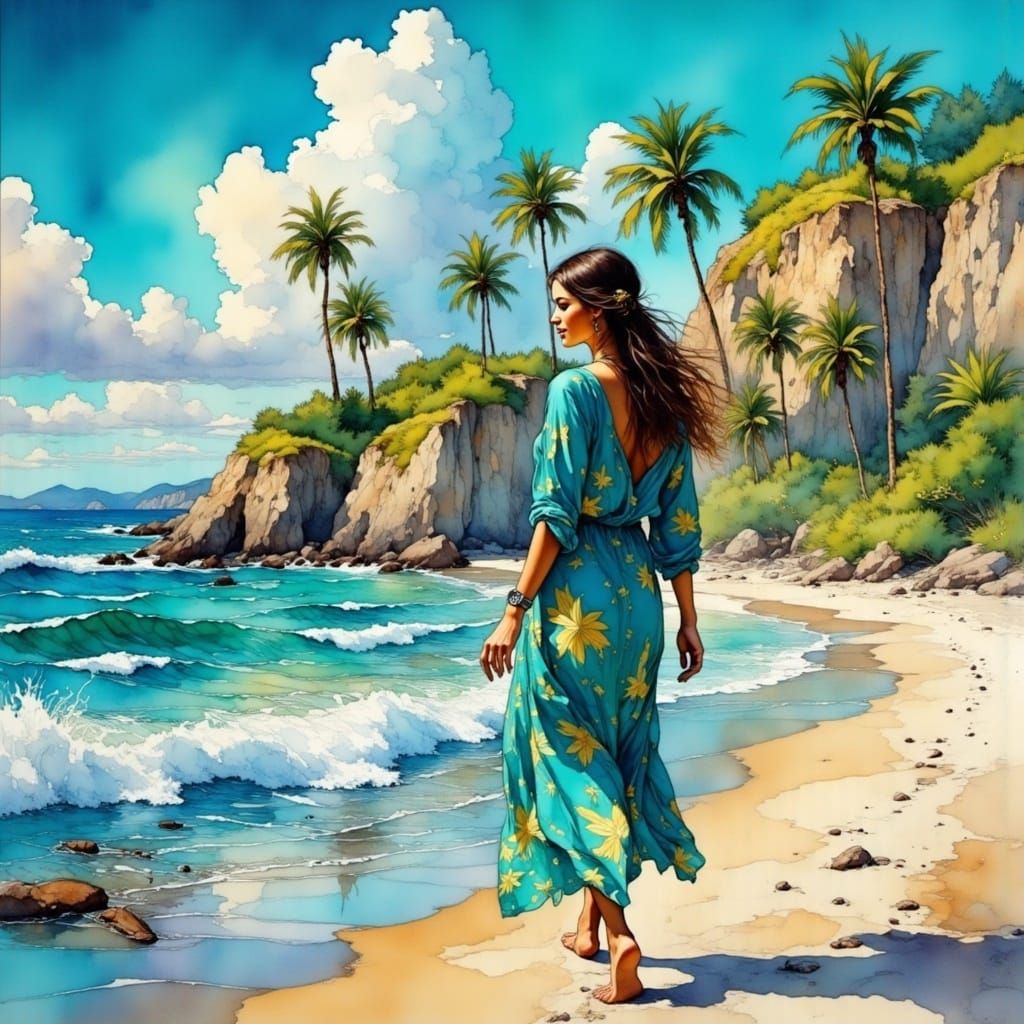 Woman on Tropical Beach in Painterly Style