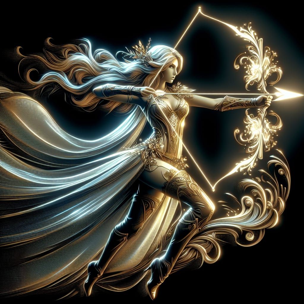 Radiant Huntress Fires Luminous Arrow: Digital Art