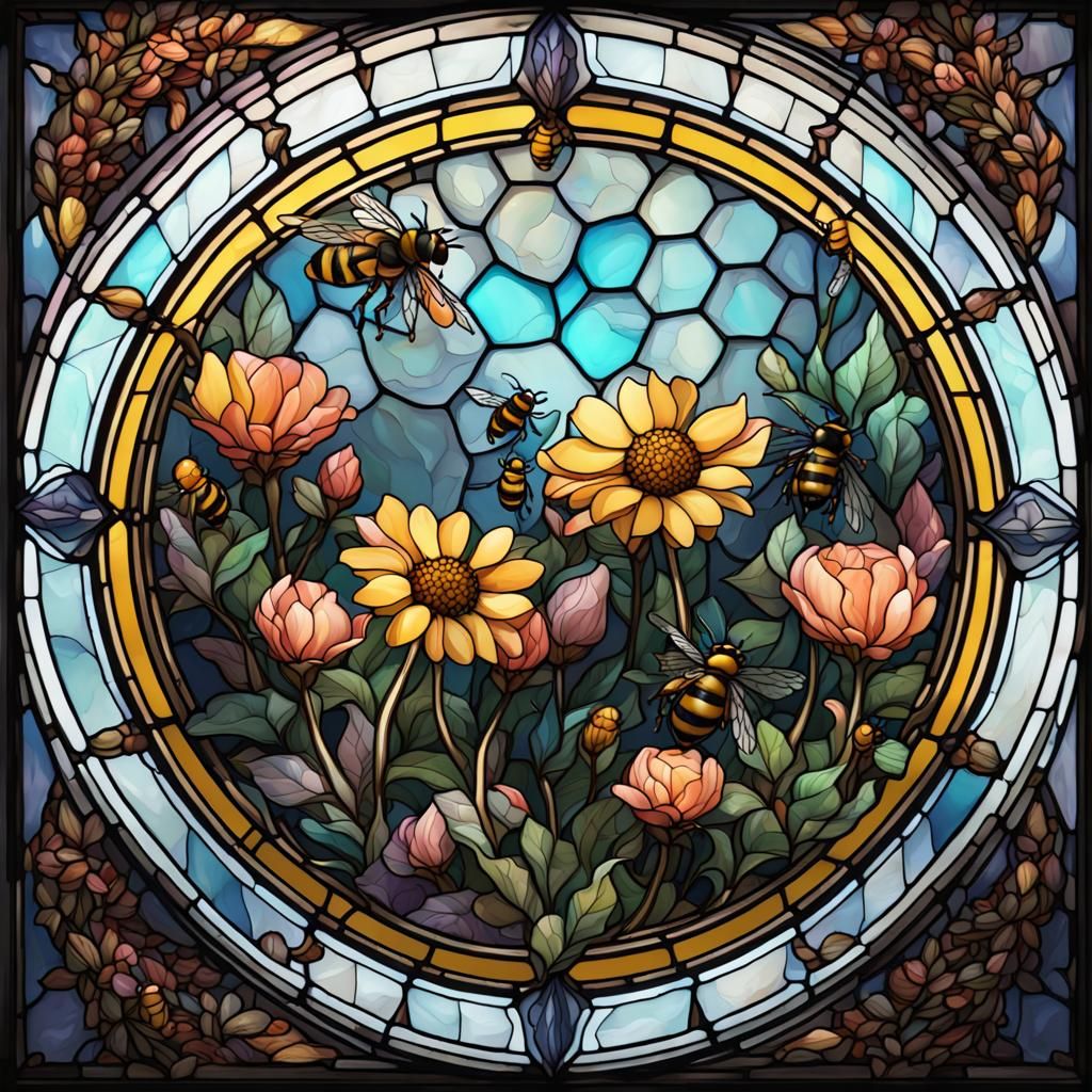 Stained Glass Circle with Flowers and Bees