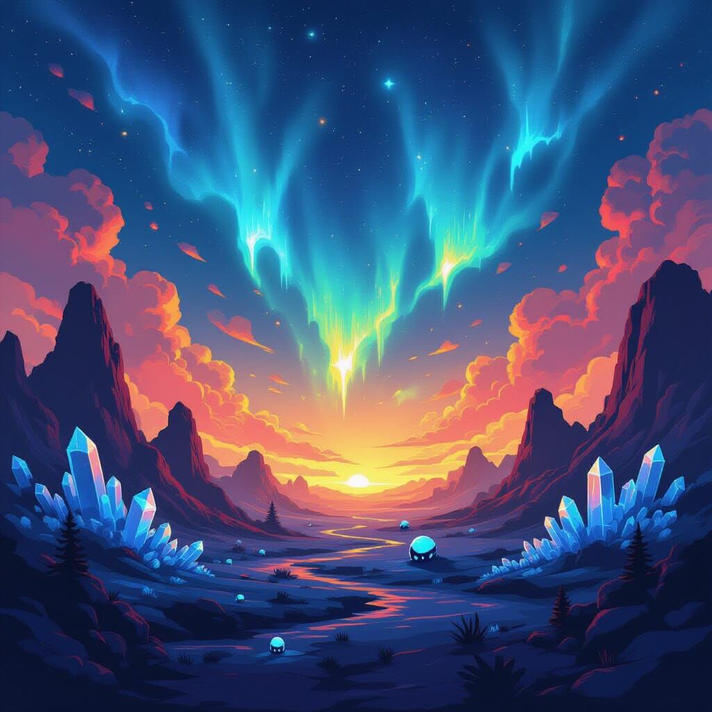 Pixel Art Alien Wasteland with Crystal Forests and Glowing C...