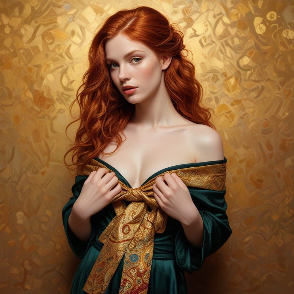 Redhead in Gold: An Oil Painting Inspired by Klimt