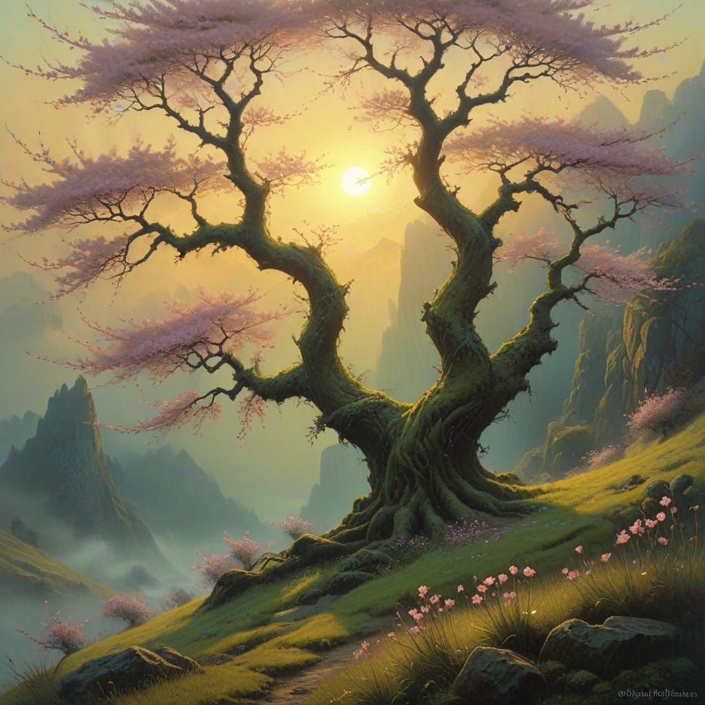 Whimsical Cherry Blossom Haven Amidst Majestic Mountain Peak...