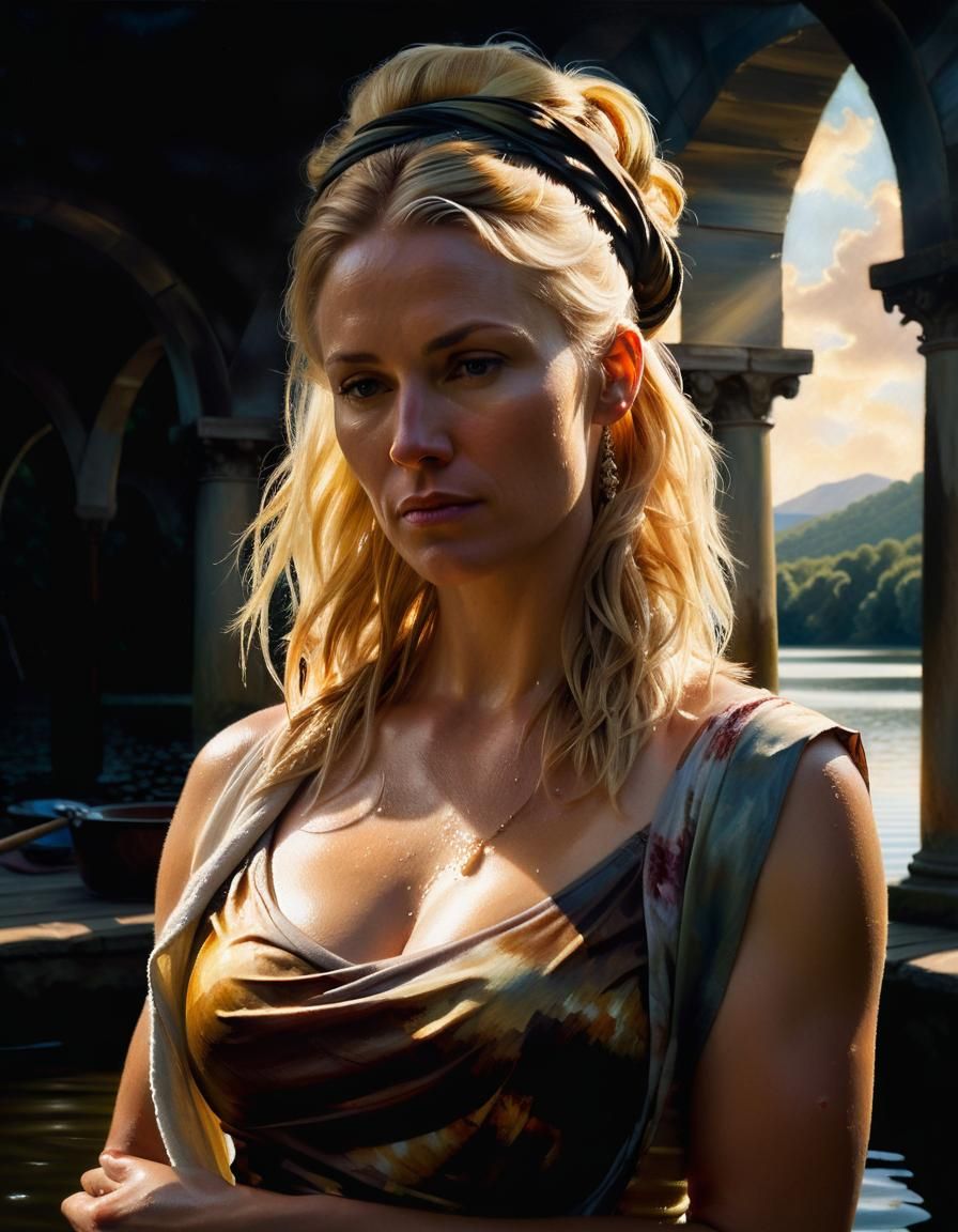 Renaissance Woman Washing Hair in Lake at Sunrise