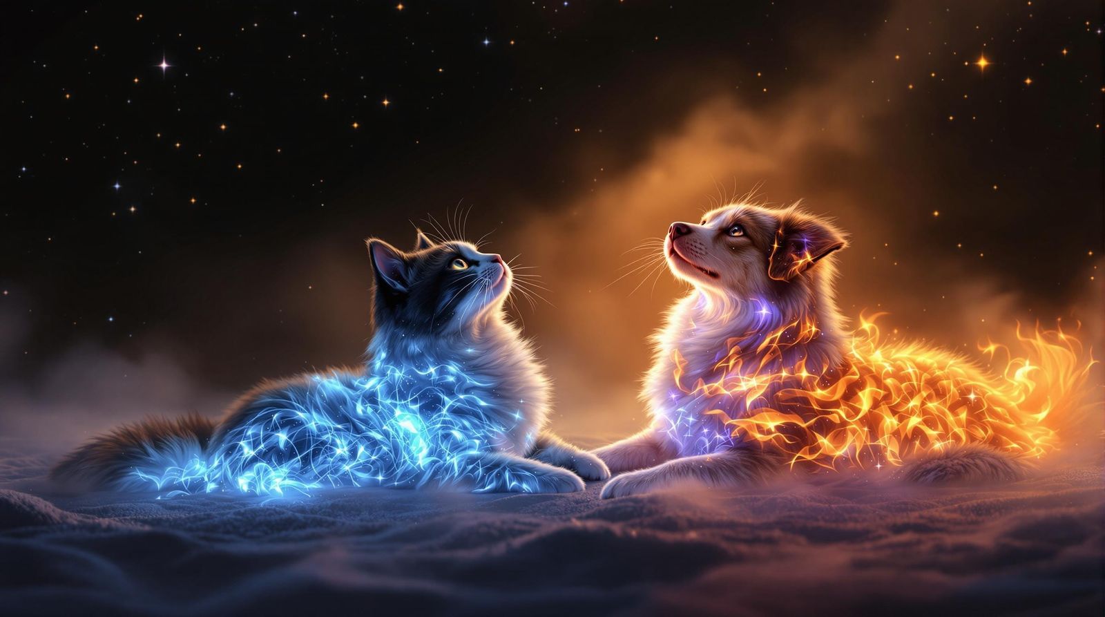 Neon Elemental Water Cat and Fire Dog