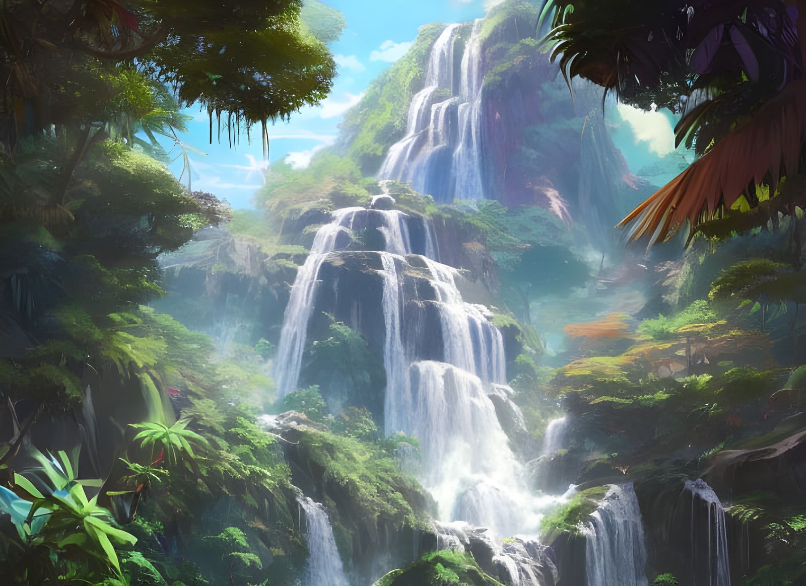 Tropical Island Waterfalls in Anime Style