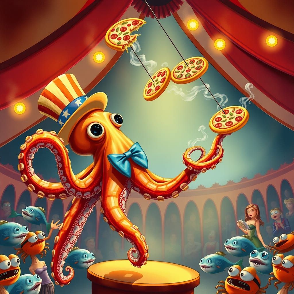 Octopus Juggler in Circus, Surrealist Illustration